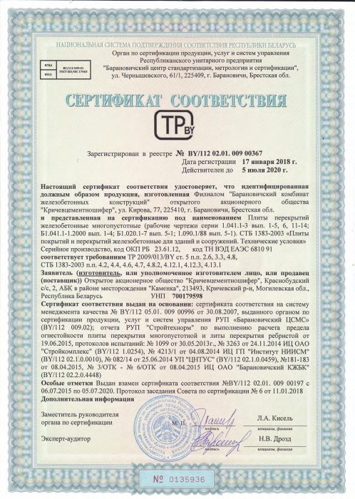 Сертификат соответствия ТР 2009/013/BY от 17.01.18 №0135936