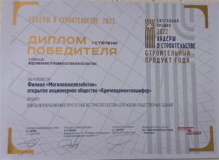 Диплом Победителя I степени Лидеры в строительстве 2022