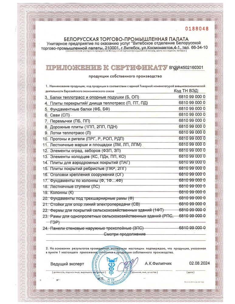 Сертификат продукции собственного производства Приложение 1