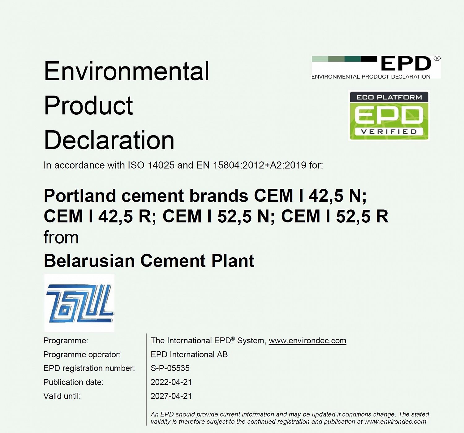 Белорусская цементная компания первой в стране получила экологическую декларацию на свою продукцию